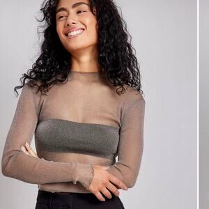 NA-KD Glittery High Neck Mesh Top – Sheer Long Sleeve Top – Size XS